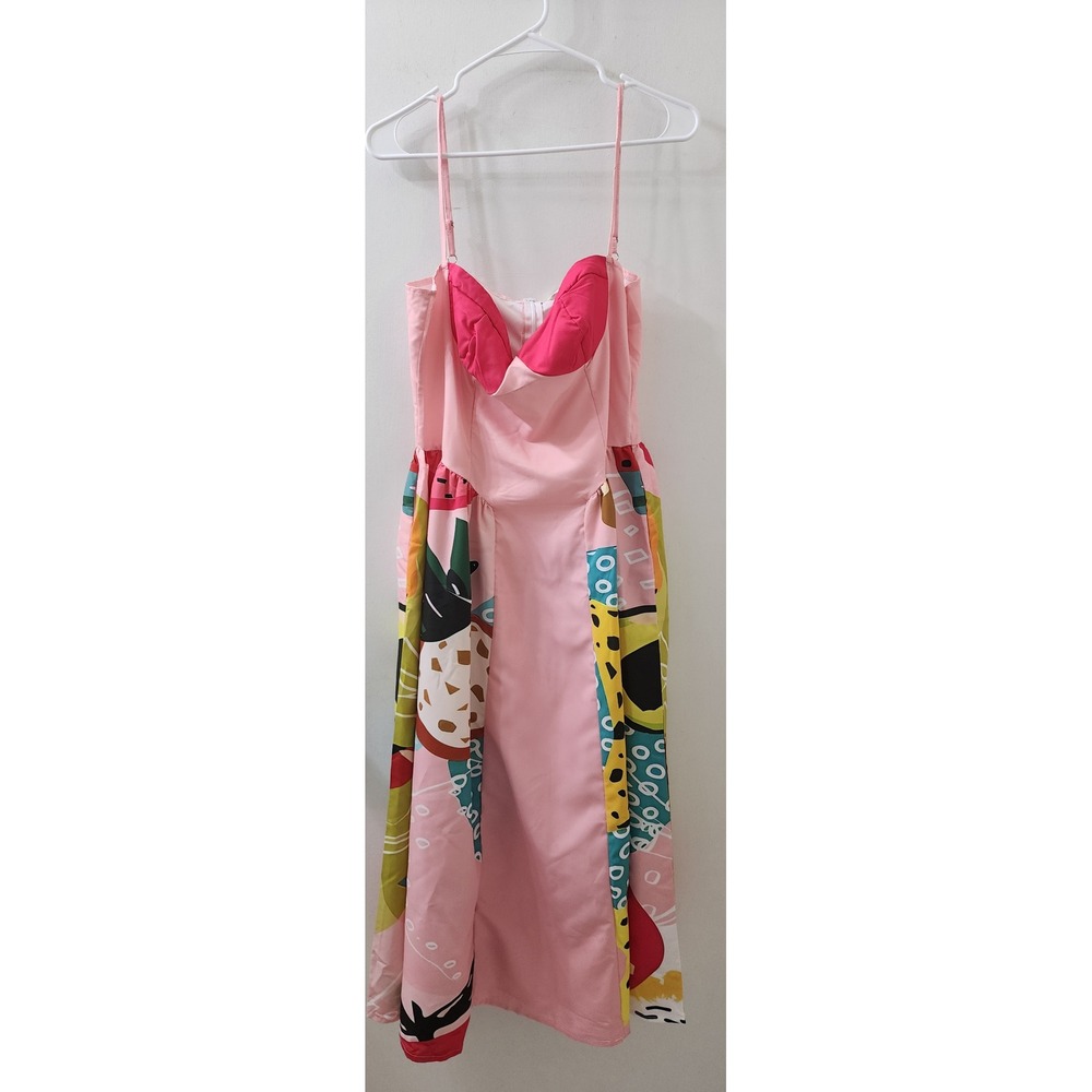 Nice To Meet You Pink Fruit Print Midi Dress XL Sweetheart Pockets Sleeveless